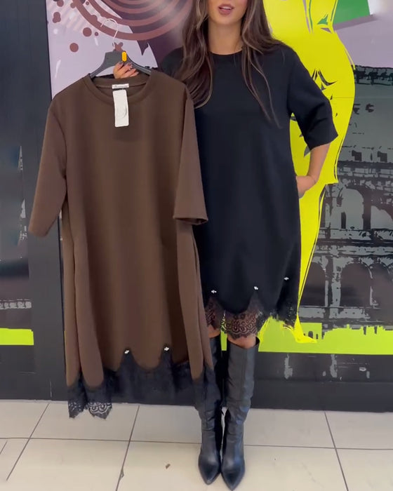 Kleid Elegant Spitze Gekreuzt Runder Halsausschnitt