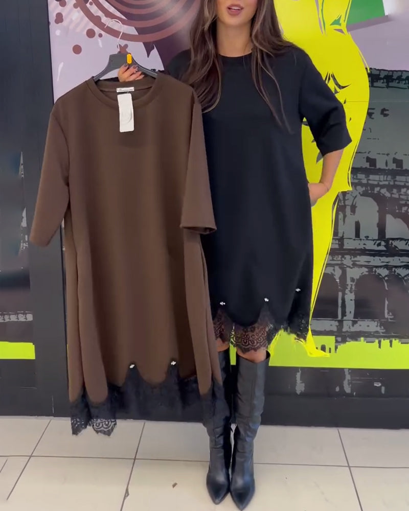 Kleid Elegant Spitze Gekreuzt Runder Halsausschnitt