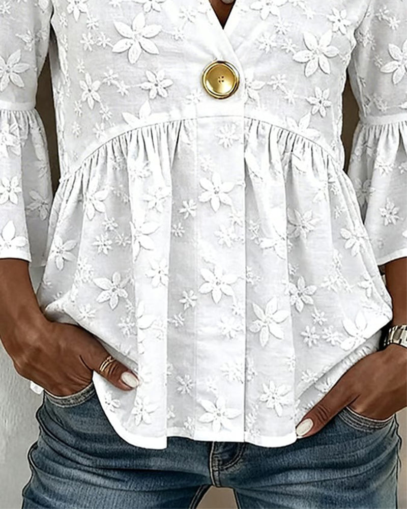 Bluse V-Ausschnitt Ausgestellter Ärmel Geknöpfte Taille