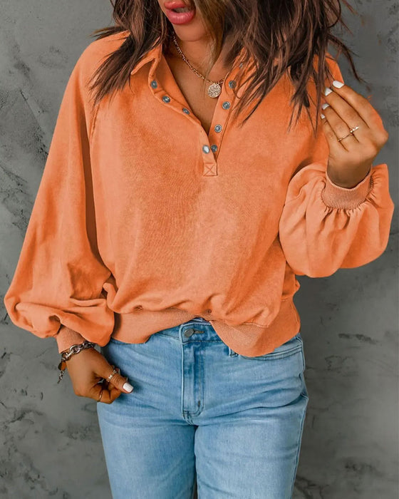 Sweatshirt Revers Knopf Einfarbig