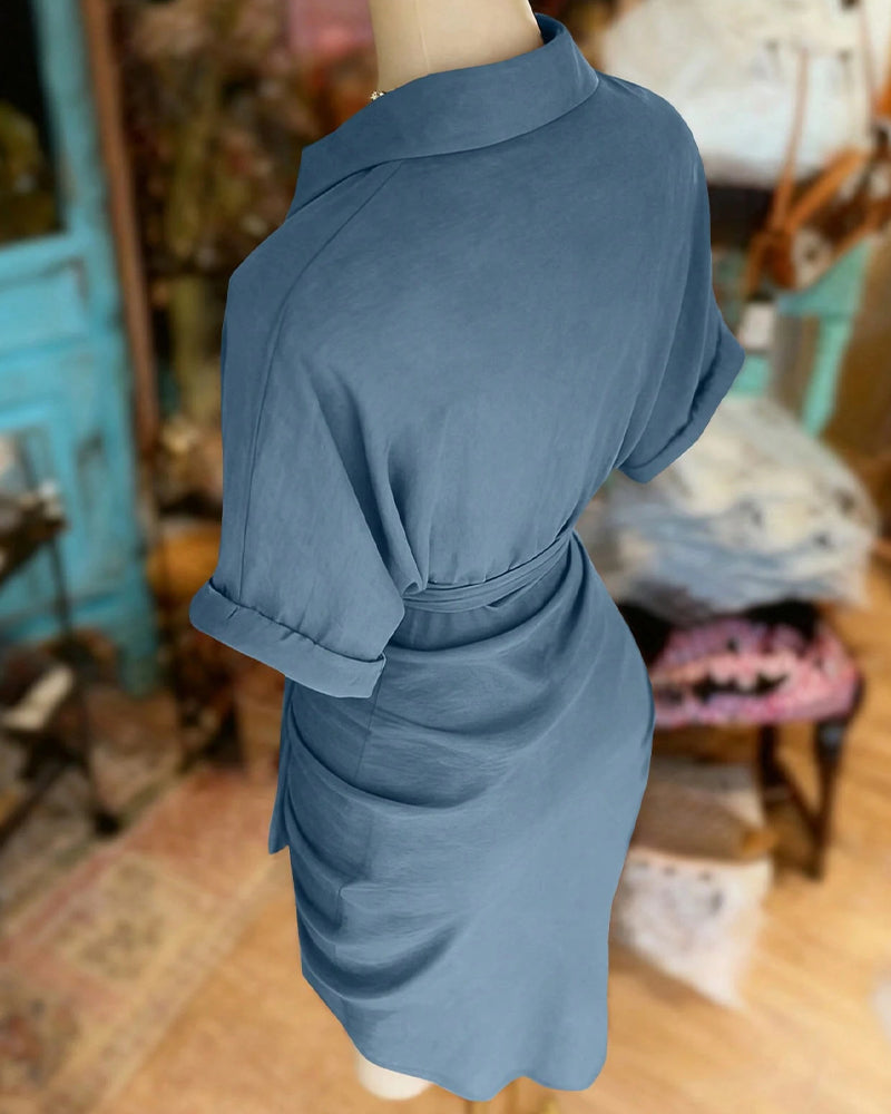 Kleid Binden Knopf Plissiert Hemd Kragen