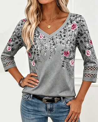 T-Shirt Blumenmuster V Ausschnitt Dreiviertelärmel
