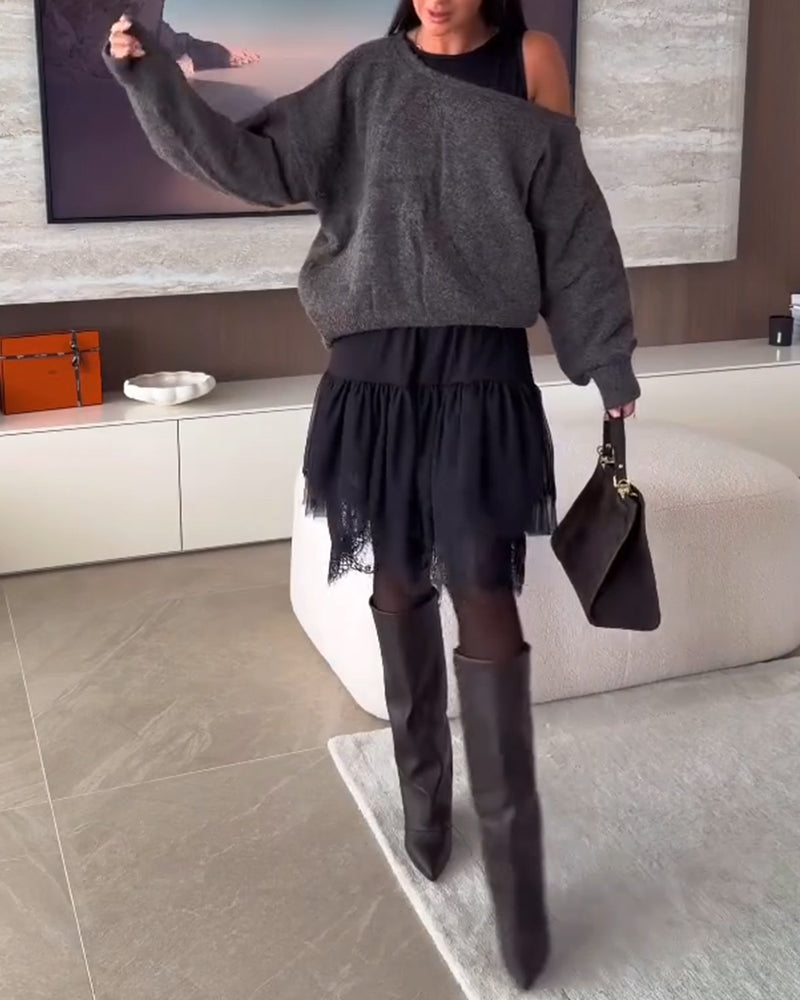 Off-Shoulder Locker Pullover & Spitzensaum Kleid