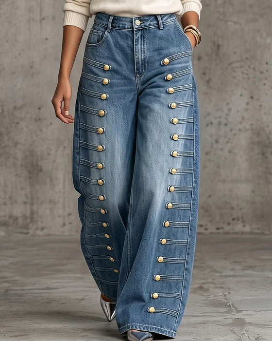 Hose Knopf Tasche Weitgeschnitten Denim Lang
