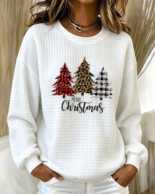 Sweatshirt Rundhals Kariert Pullover Weihnachtsbaum