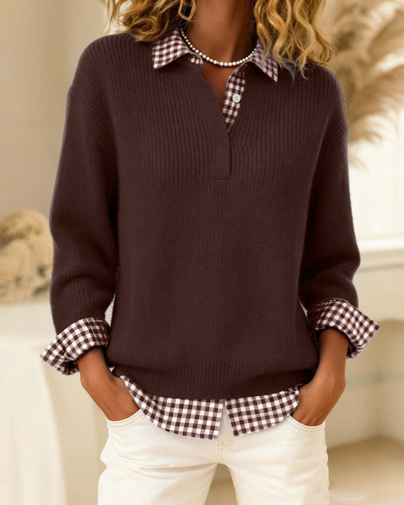 Unifarbener Pullover mit Karo-Patchwork