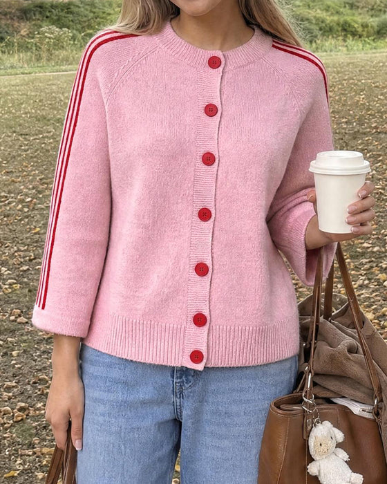 Cardigan Gestreift 3/4 Ärmel Knopf