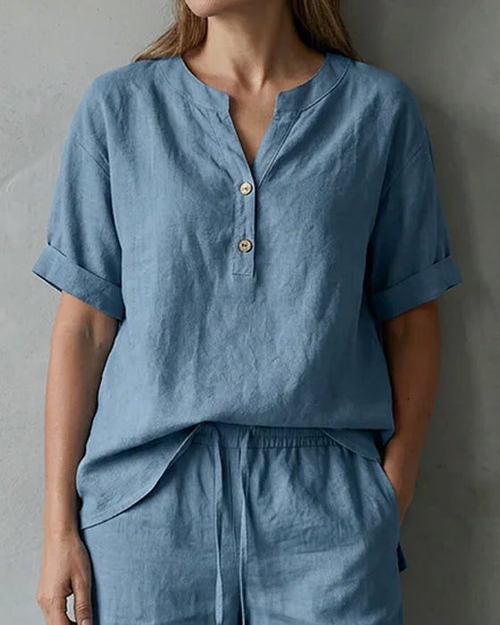 Zwei-Teile Set Henley-Ausschnitt Kurzarm Und Kordelzug Fünf-Punkt Weite Bein Hose