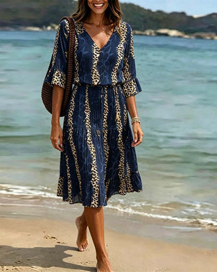Kleid V-Ausschnitt Leopard Patchwork Midi Urlaub