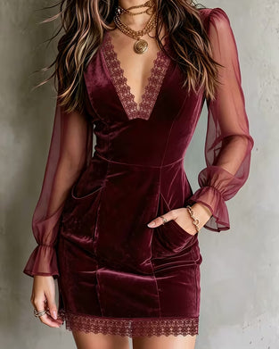 Kleid V-Ausschnitt Slim Fit Spitze Patchwork