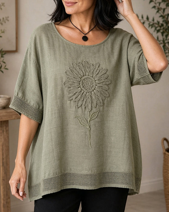 Bluse Sonnenblume Bestickt Locker