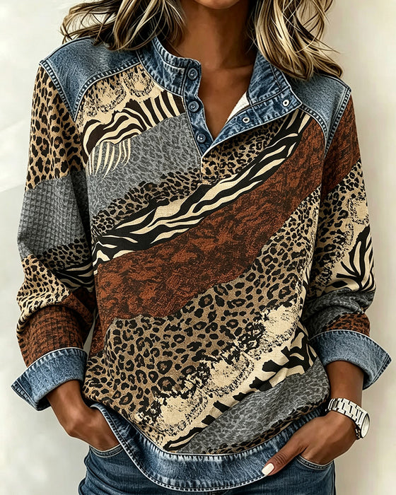 Bluse Patchwork Leopard Knopf