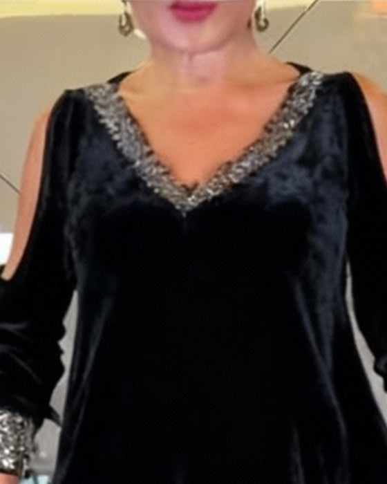 Kleid sexy schulterfrei glitzernder V-Ausschnitt