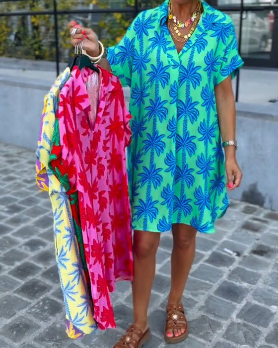 Kleid Revers Kragen Palme Baum Druck