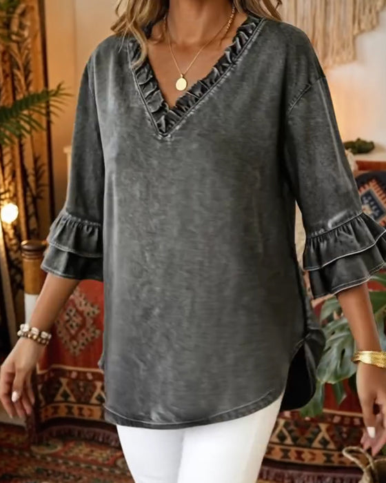 Rüschen-Bluse Mit Kurzen Ärmeln Und V-Ausschnitt Aus Denim