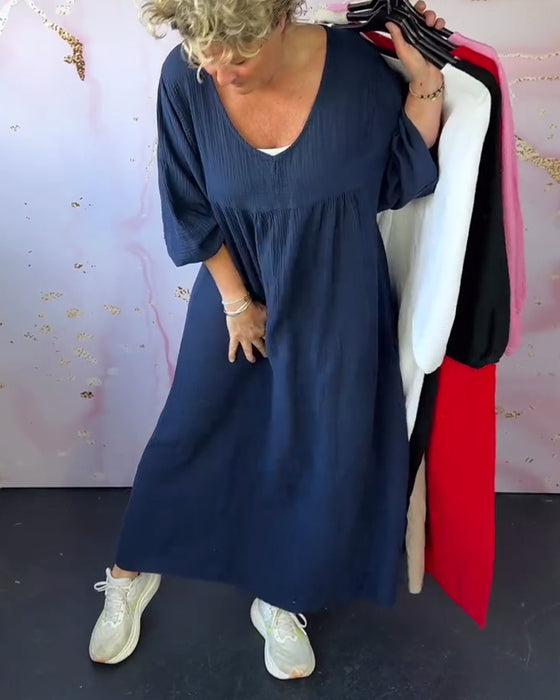 Kleid Waldstil V-Ausschnitt Falten Einfarbig