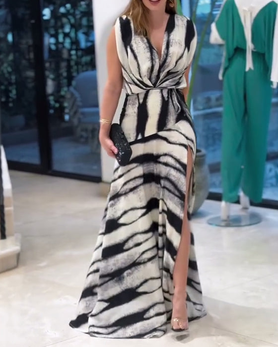Kleid ärmellos V-Ausschnitt bedruckt Schlitz Maxi