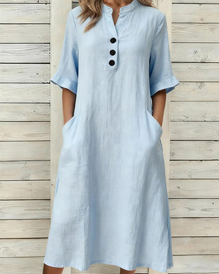 Kleid Leinen Stehkragen Mittel Ärmel