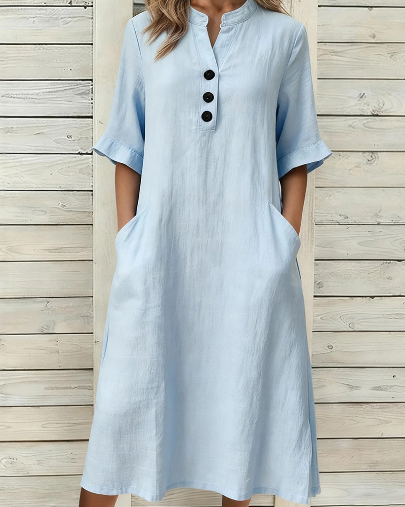 Kleid Leinen Stehkragen Mittel Ärmel