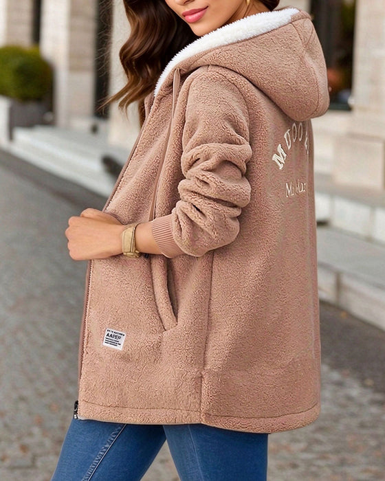 Mantel Fleece Gefüttert Reißverschluss Tasche Kapuze