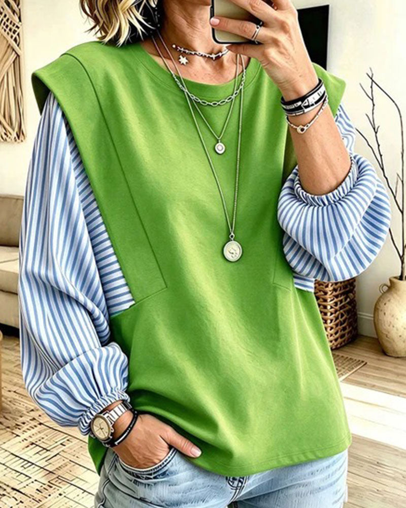 Sweatshirt Gestreift Langarm Patchwork