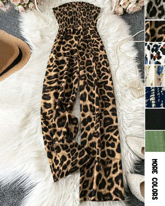 Jumpsuit Trägerlos Leopard Druck Breites Bein Tailliert