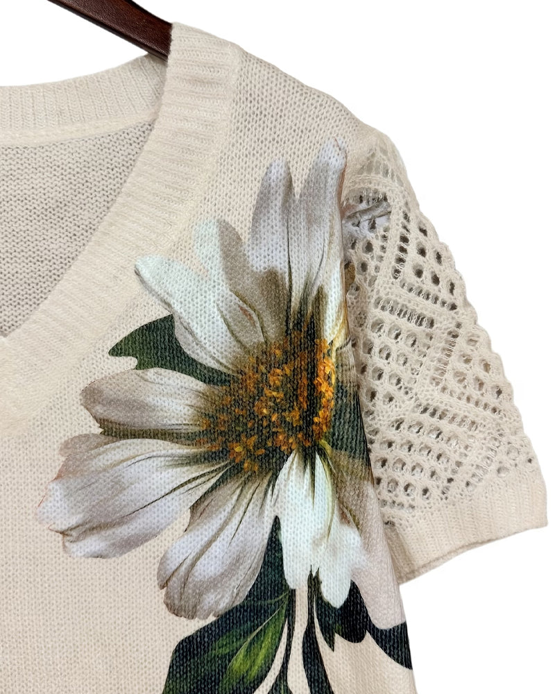 Pullover V-Ausschnitt Gestrickt Geblümt