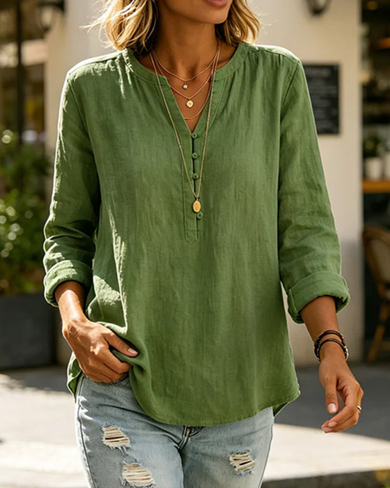 Bluse Langarm V-Ausschnitt Knopf