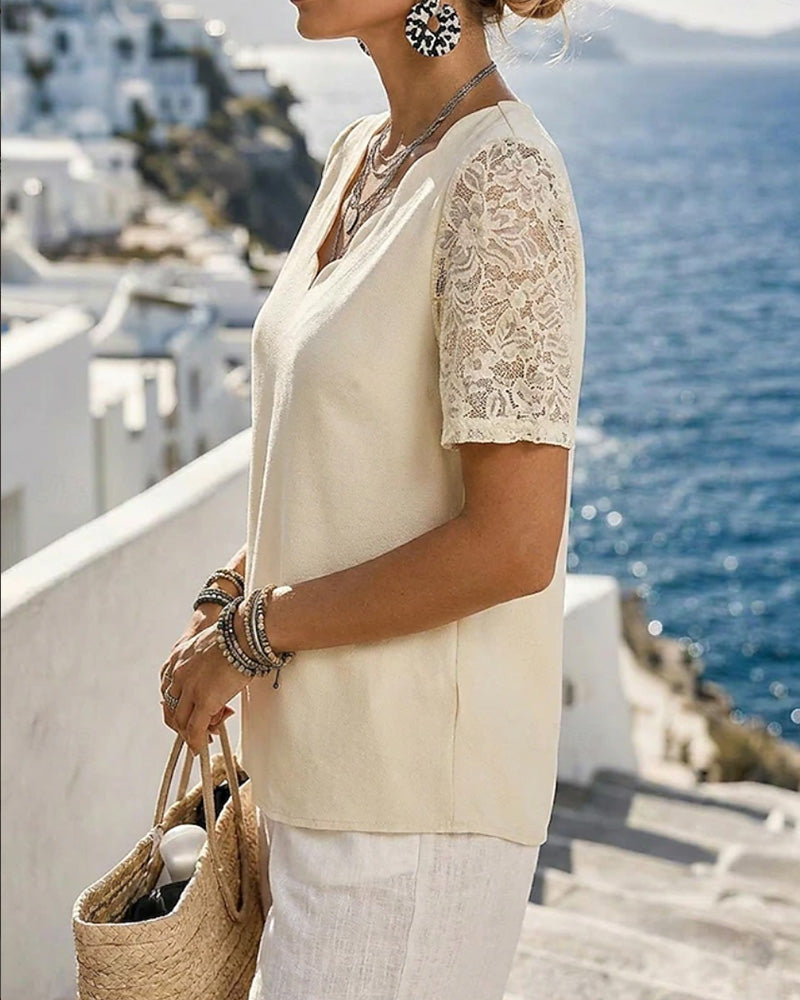 Bluse V-Ausschnitt Spitze Patchwork Uni