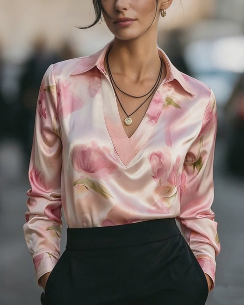 Bluse Revers V-Ausschnitt Blumenprint Langarm