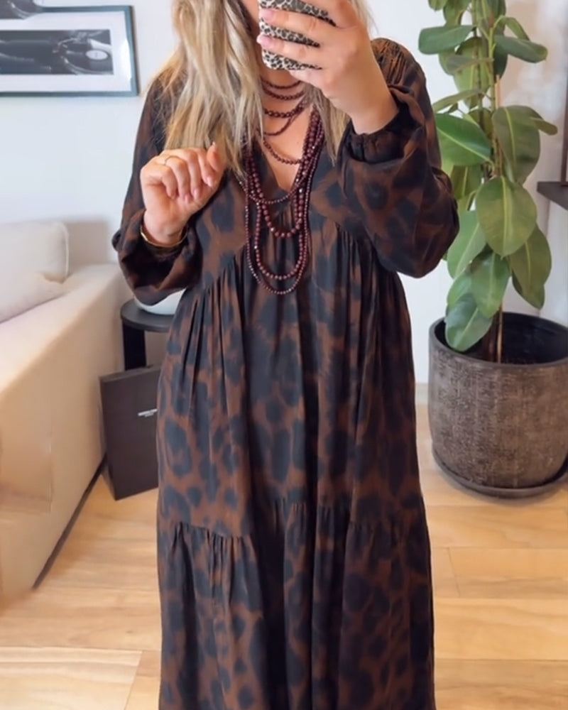 Kleid V-Ausschnitt Leopardenmuster Mode Maxi