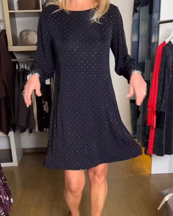 Kleid Uni-Farbe Patchwork schimmernder Rundhalsausschnitt