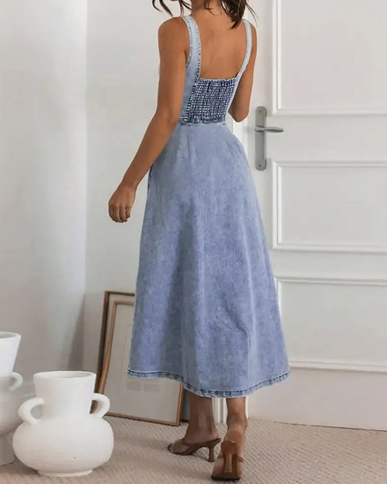 Kleid Spaghettiträger Knopf Taille Tailliert Denim
