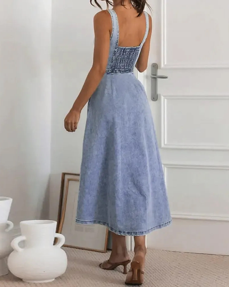 Kleid Spaghettiträger Knopf Taille Tailliert Denim