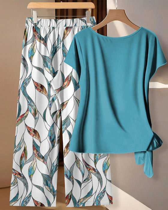 Set Knoten Bluse Print Weites Bein Hose