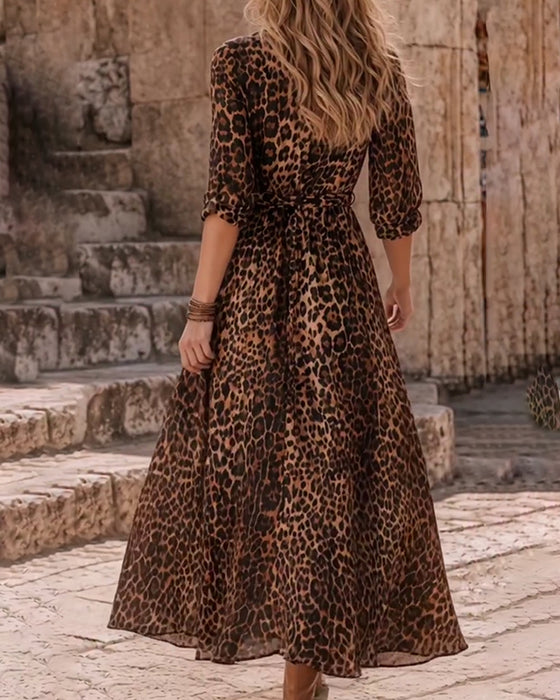 Kleid Leopardenmuster A-Saum Träger Lang