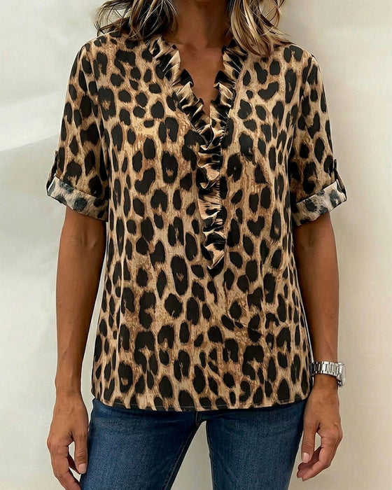 Bluse Klassisches Leopardenmuster Rüschen