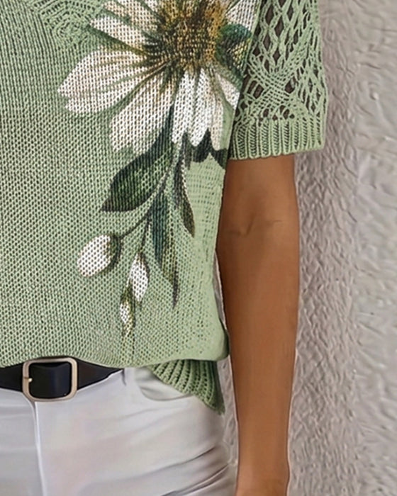 Pullover V-Ausschnitt Gestrickt Geblümt