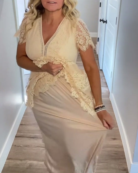 Kleid V-Ausschnitt Elegante Spitzen Taille