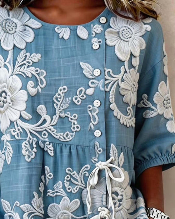 Bluse mit Blumenmuster Schnürung und halber Knopfleiste