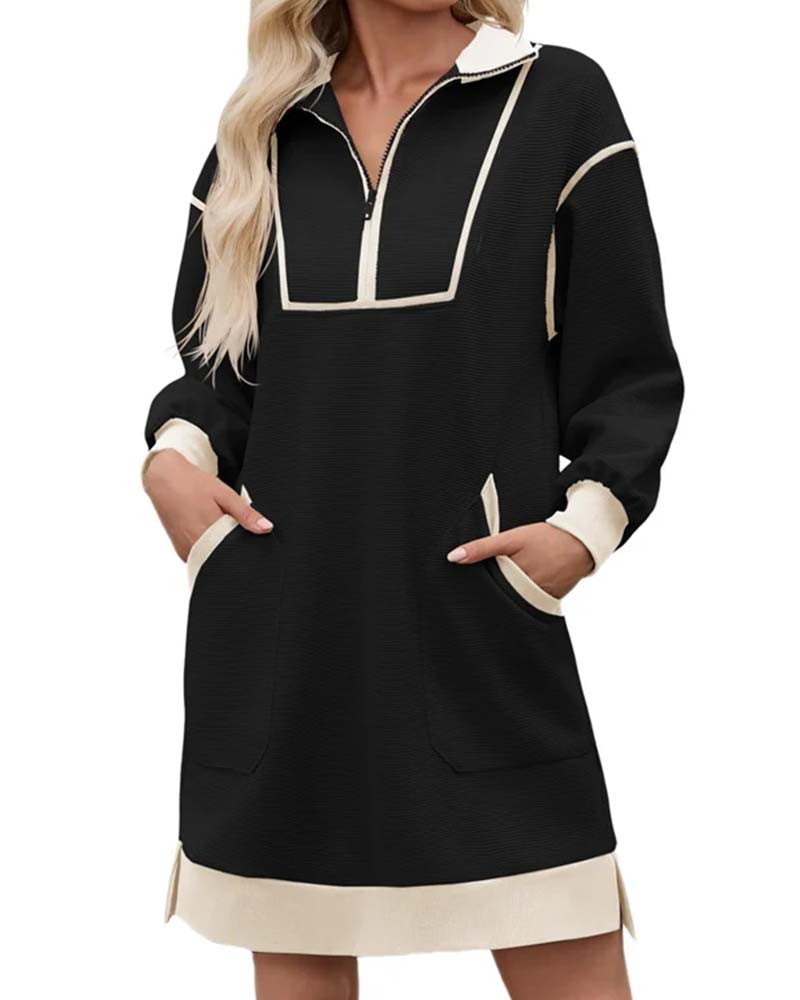 Kleid Halb Zip Langarm Farbblock Kurz