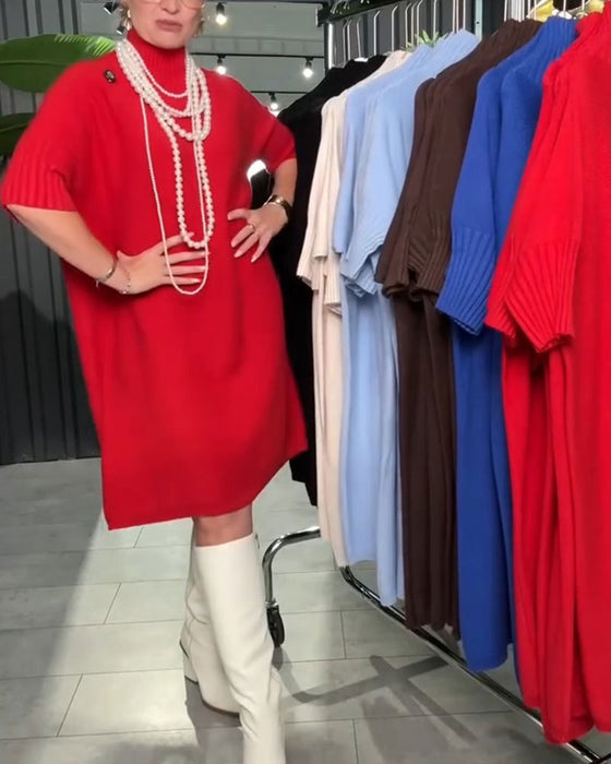 Kleid Hoher Ausschnitt Halblanger Ärmel Gerade Gestrickt