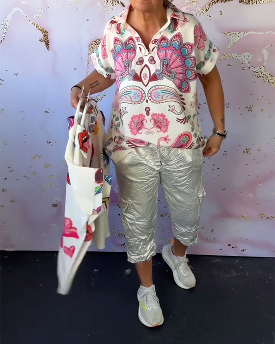 Bluse Revers Kurzarm Bedruckt