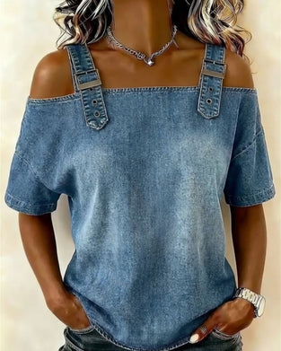 Bluse Off-Shoulder Mit Schulterriemen Denim