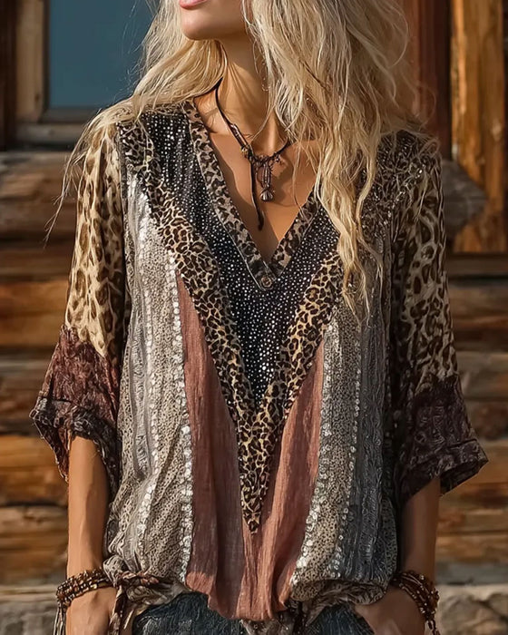 Bluse Leopard Patchwork V-Ausschnitt Print