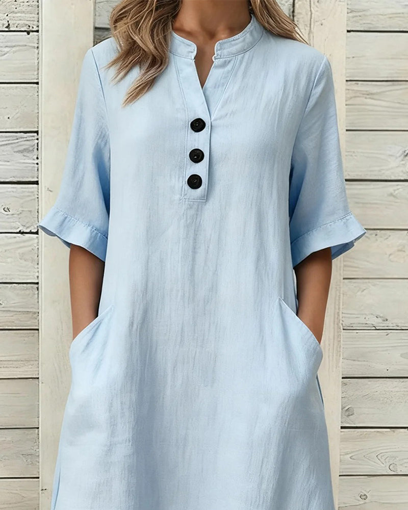 Kleid Leinen Stehkragen Mittel Ärmel