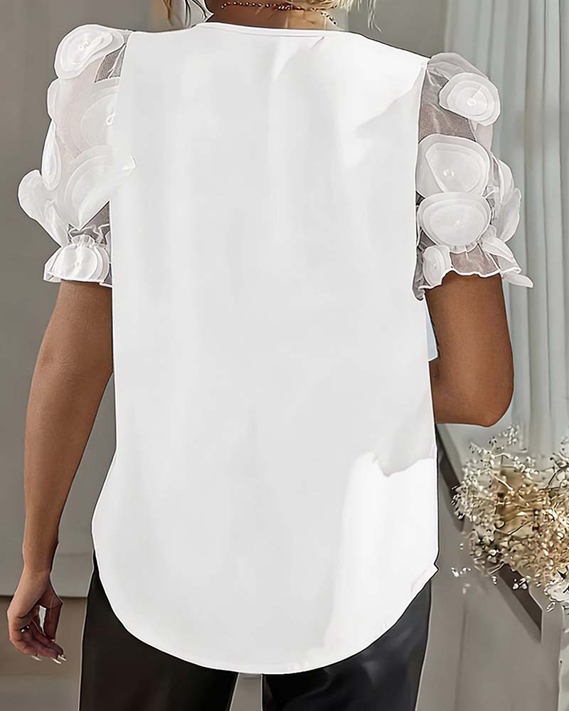 Bluse Puffärmel Mesh V-Ausschnitt