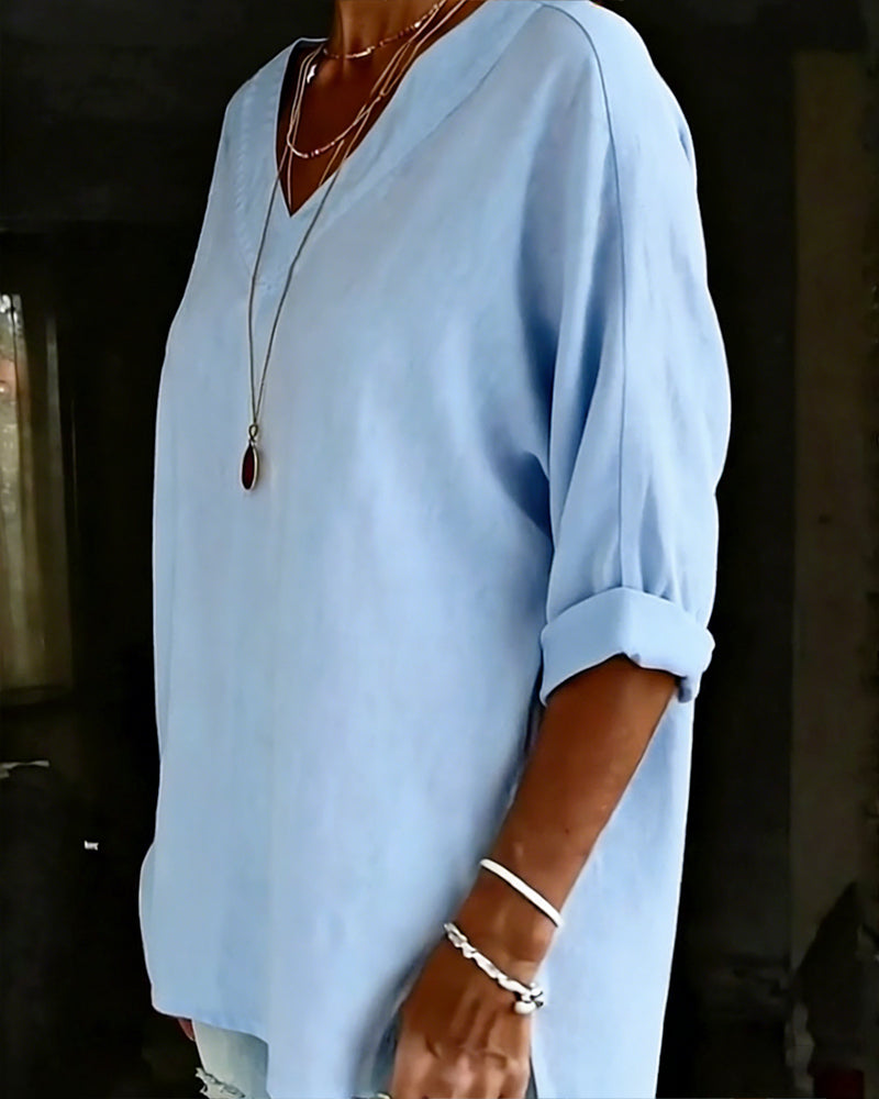 Top V-Ausschnitt Sieben-Ärmel Geteilt Baumwolle Leinen