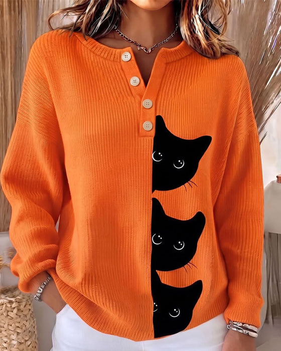 Pullover Knopf Vorne Streifen Katze Kontrast Gestrickt