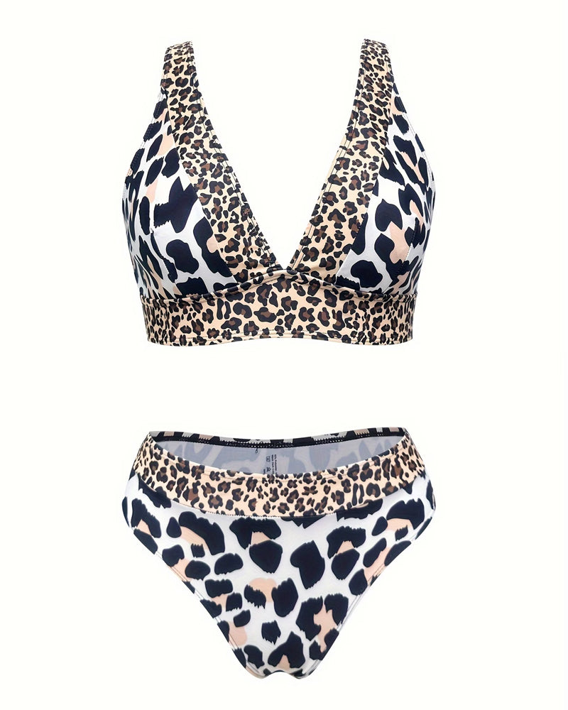 Bikini Tief V Leopardenmuster Kontrastfarbe Hohe Taille Geteilt